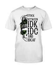 Messy Bun Skull Weed Mom Stuck Between idc, idk, idgaf Premium Fit Mens Tee tile