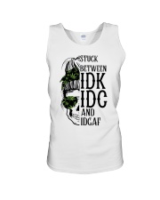 Messy Bun Skull Weed Mom Stuck Between idc, idk, idgaf Unisex Tank tile