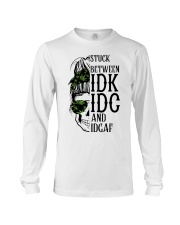 Messy Bun Skull Weed Mom Stuck Between idc, idk, idgaf Long Sleeve Tee tile