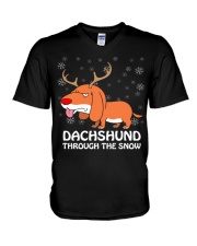 Funny Dachshund Dashing Through Snow Christmas Pun V-Neck T-Shirt thumbnail