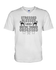 Stressed Blessed and Boston Terrier Obsessed V-Neck T-Shirt thumbnail