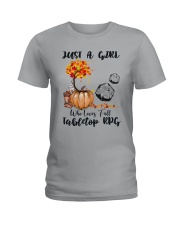 Just a girl who loves fall and tabletop RPG Ladies T-Shirt tile