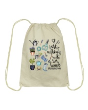 She works willingly with her hands Drawstring Bag tile