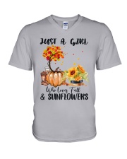 Just a girl who loves fall and sunflowers V-Neck T-Shirt tile