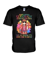 Hippie Girl with Sunflower Flower child V-Neck T-Shirt thumbnail