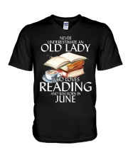 Never Underestimate Old Lady Reading June Black V-Neck T-Shirt thumbnail