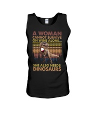 Wine - T rex - A WOman Cannot Survive On Wine Unisex Tank tile