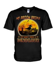 My broom broke so now i ride a Dinosaur V-Neck T-Shirt tile