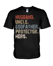 Husband-Uncle-Godfather-Protector-Hero V-Neck T-Shirt tile