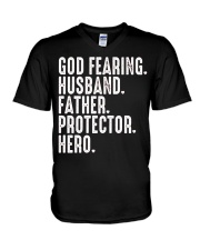 God Fearing-Husband-Father-Protector-Hero V-Neck T-Shirt tile