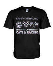 Easily Distracted By Cats And Racing V-Neck T-Shirt tile