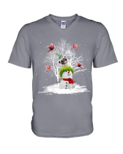 Pug And Snow Man Happy Christmas V-Neck T-Shirt tile