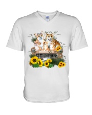 Corgis sitting on a car sunflower - for corgi lover V-Neck T-Shirt tile