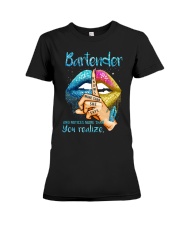BARTENDER KNOWS MORE THAN SHE SAYS Premium Fit Ladies Tee tile