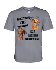 FIRST THING I SEE EVERY MORNING IS A DACHSHUND V-Neck T-Shirt tile