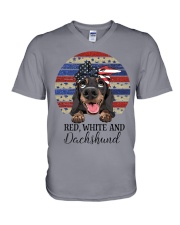 RED WHITE AND DACHSHUND V-Neck T-Shirt tile