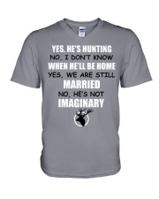 Yes He's Hunting - No I Don't Know - Funny Hunting V-Neck T-Shirt tile