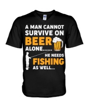 A Man Cannot Survive On Beer Alone - He Needs Fishing As Well - Fishing Gifts V-Neck T-Shirt tile