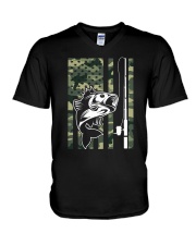 Fishing Rod Bass - Camo Flag - Love Fishing V-Neck T-Shirt tile