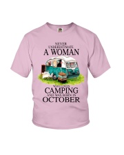 camping a woman October Youth T-Shirt tile
