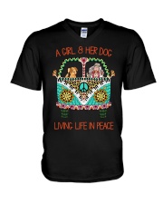 Girl - Her Dog Living Life In Peace V-Neck T-Shirt thumbnail