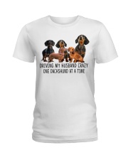 DRIVING MY HUSBAND -DACHSHUNDS Ladies T-Shirt tile