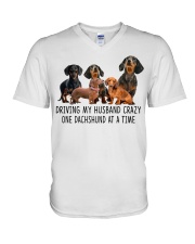 DRIVING MY HUSBAND -DACHSHUNDS V-Neck T-Shirt tile