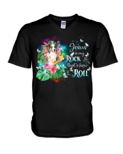 Blue Merle Collie-CS3637-Jesus Is My Rock V-Neck T-Shirt tile