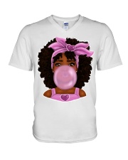 Afro hair Little girl pink headband bubble gum V-Neck T-Shirt tile