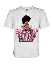 Blessed Beyond Belief Afro Lola Pink V-Neck T-Shirt tile