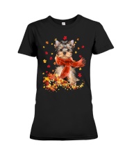 Autumn Leaves Scraf - Yorkshire Terrier Premium Fit Ladies Tee tile