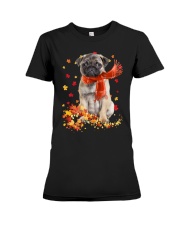 Autumn Leaves Scraf Pug Premium Fit Ladies Tee tile