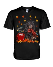 Hot Chocolate - Black Long-haired Dachshund V-Neck T-Shirt tile