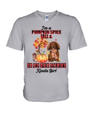 Pumpkin Girl - Red Long Haired Dachshund V-Neck T-Shirt tile