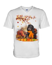 Fall Leaf - Black Long-haired Dachshund V-Neck T-Shirt tile