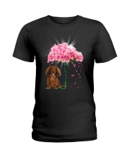 Pink Umbrella - RED LONG HAIRED Dachshund Ladies T-Shirt tile