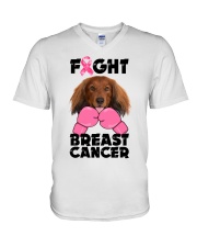 Fight Cancer - Red Long Haired Dachshund V-Neck T-Shirt tile