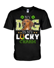 Lucky Charm - RED Dachshund V-Neck T-Shirt tile