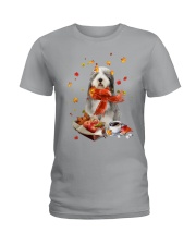 Autumn Leaves BLUE Bearded Collie Ladies T-Shirt tile