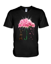 Pink Umbrella - BLACK Miniature Pinscher V-Neck T-Shirt tile