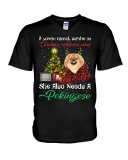 Christmas Alone - TAN Pekingese V-Neck T-Shirt tile