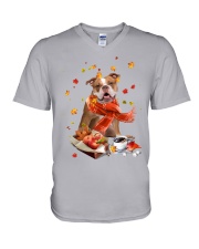 Autumn Leaves Old English Bulldog V-Neck T-Shirt tile