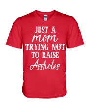 Just a mom trying not to raise assholes V-Neck T-Shirt tile