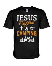 Jesus coffe and camping V-Neck T-Shirt tile