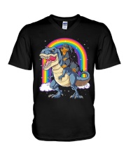 Dachshund Riding Dinosaur T rex Gifts Boys Kids V-Neck T-Shirt tile