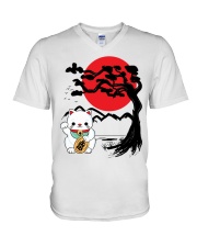 Japanese Maneko Neko Lucky Cat and Bonsai Tree V-Neck T-Shirt tile