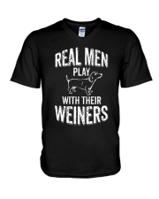 Real Men Play With Their Weiners Funny Dachshund V-Neck T-Shirt tile