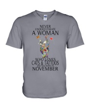 November Woman Loves Cats and Tattoos V-Neck T-Shirt tile