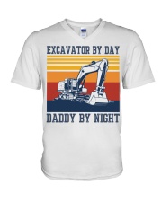 Excavator by day-Daddy by night V-Neck T-Shirt tile