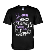 Nurse - she works willingly with her hands V-Neck T-Shirt tile